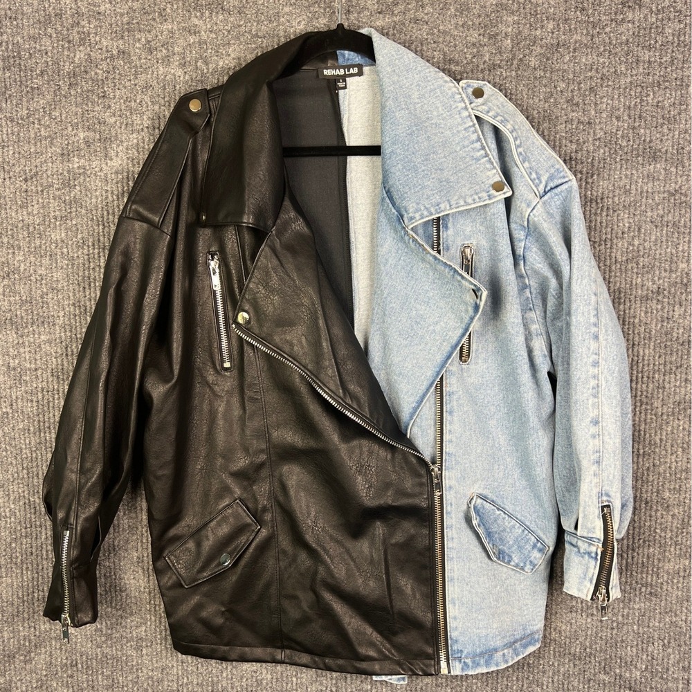 Indie Sleaze Streetwear Moto Jacket Denim Faux Leather Oversized S